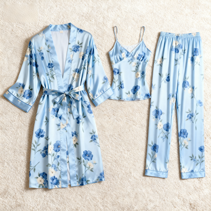 Women's Satin Sleepwear Set – Floral 3-Piece Pajamas with Belted Robe